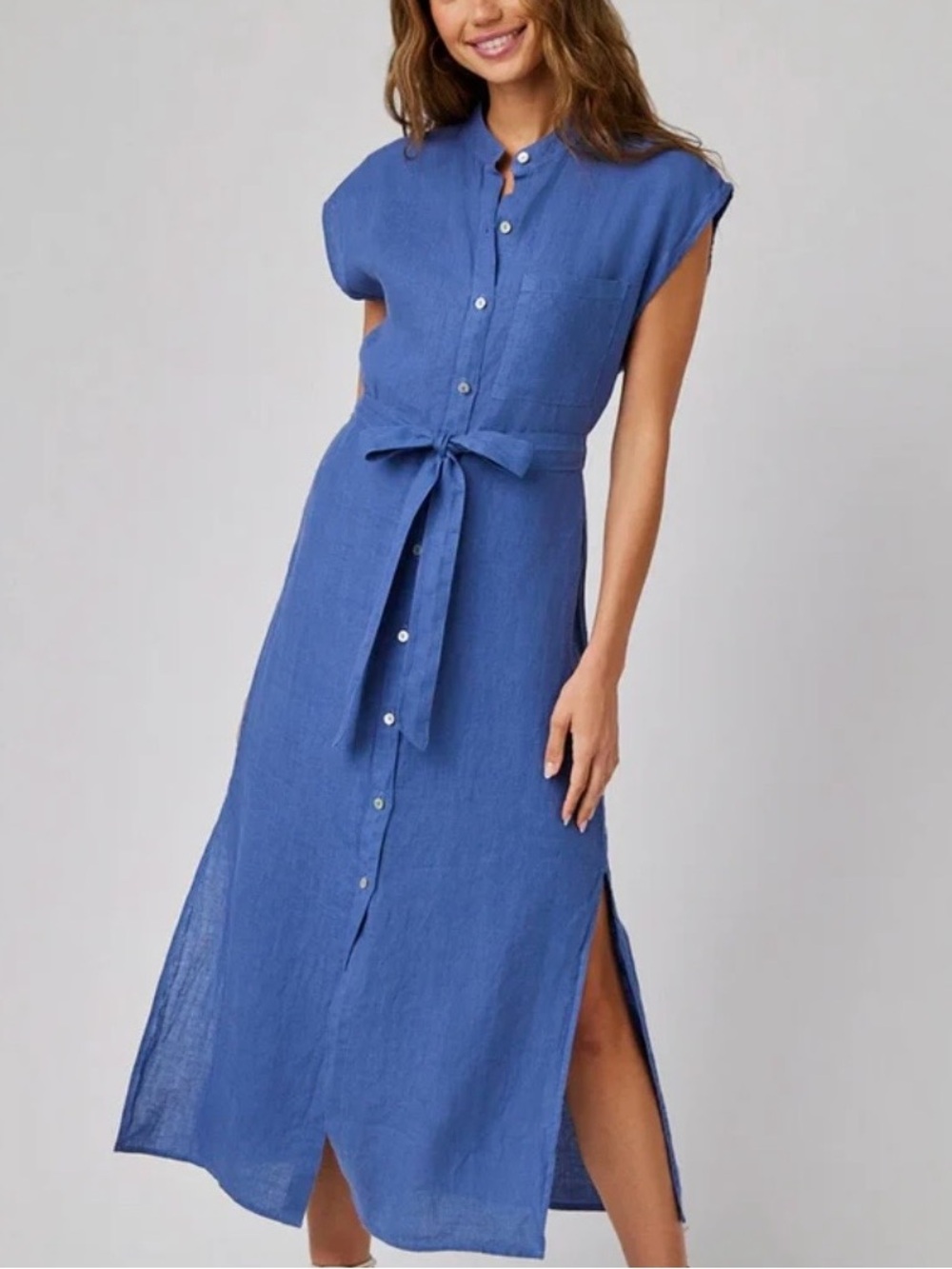 Bella Dahl 100% Linen Blue Button-Front Tie-Waist Midi Dress XS